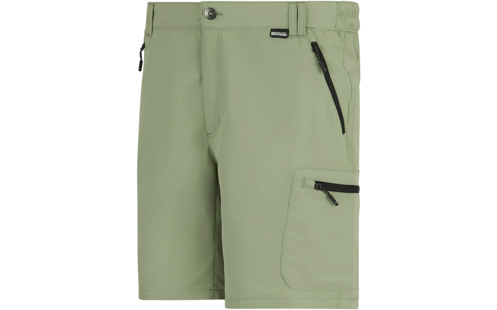 Hellgrüne kurze Shorts mit Bund, Knopf, Gürtelschlaufen, zwei Reißverschlusstaschen vorne, einer Reißverschlusstasche am Oberschenkel und kleinem schwarzem Logoetikett am Bund