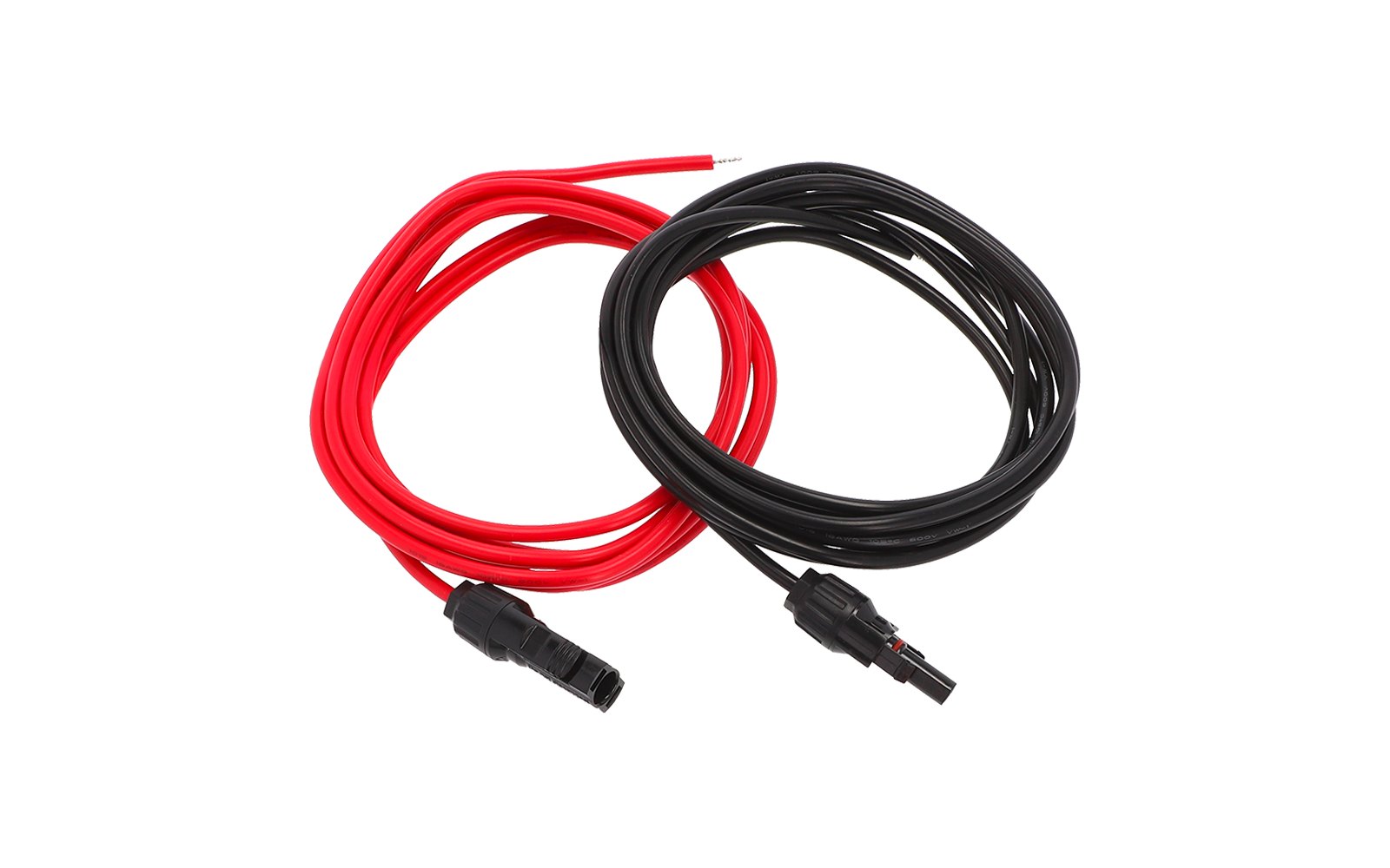 Zwei aufgewickelte Kabel, eines rot und eines schwarz, mit Steckverbindern an den Enden