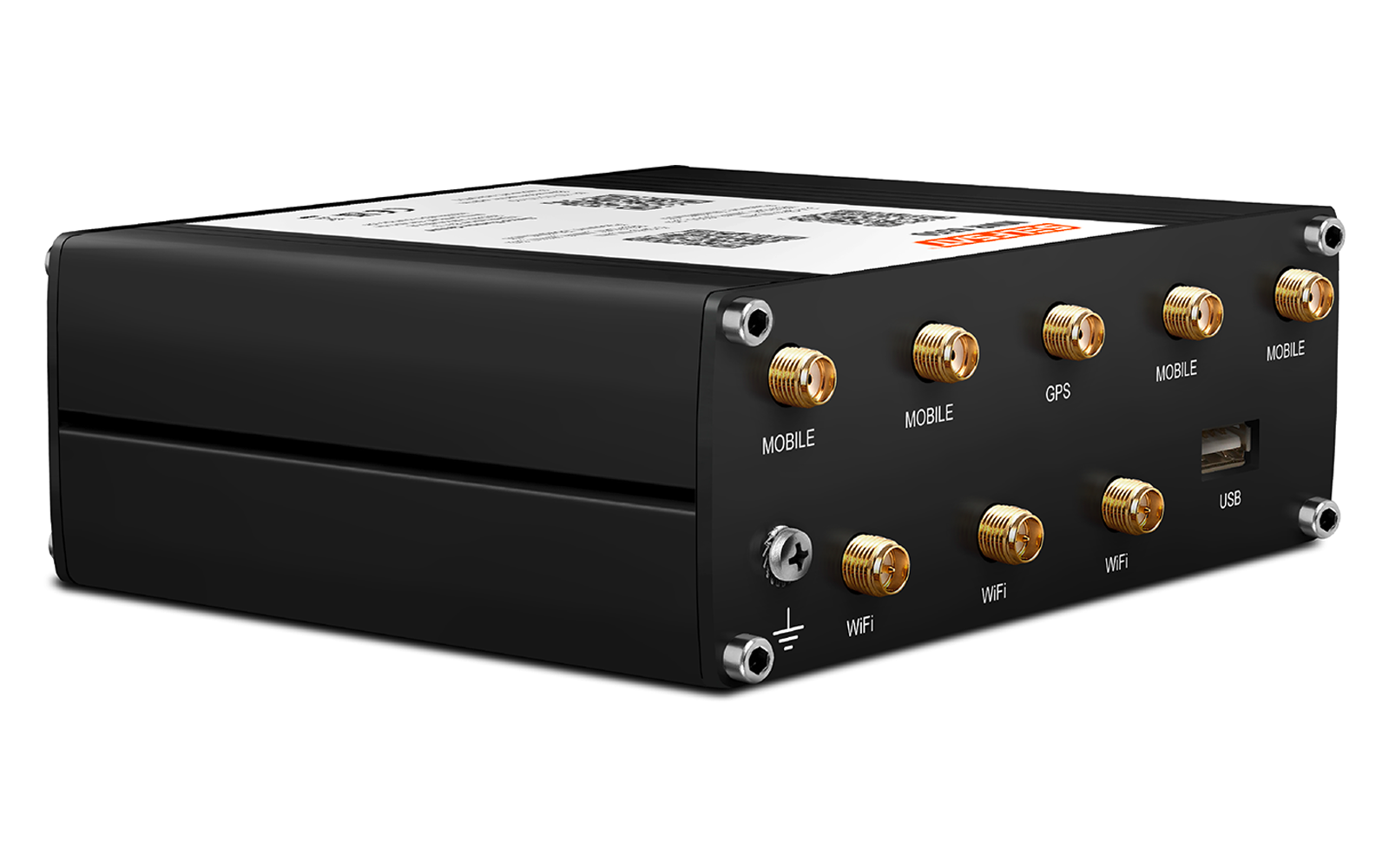 Schwarzes rechteckiges Metallgehäuse mit mehreren goldfarbenen Koax-Buchsen, einem USB-Anschluss, Schrauben an den Ecken und einem weißen Aufkleber obenauf