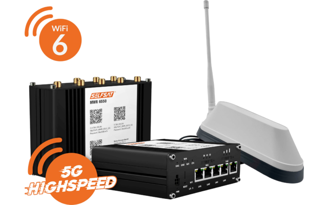 Drei elektronische Gehäuse (zwei schwarz, eines weiß) mit sichtbaren Anschlüssen, vier Ethernet-Ports, Antennen und einem Aufkleber mit QR-Codes; daneben zwei orangefarbene Logos mit den Schriftzügen 'WiFi 6' und '5G HIGHSPEED'