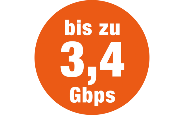 Oranger Kreis mit weißer Schrift 'bis zu 3,4 Gbps'
