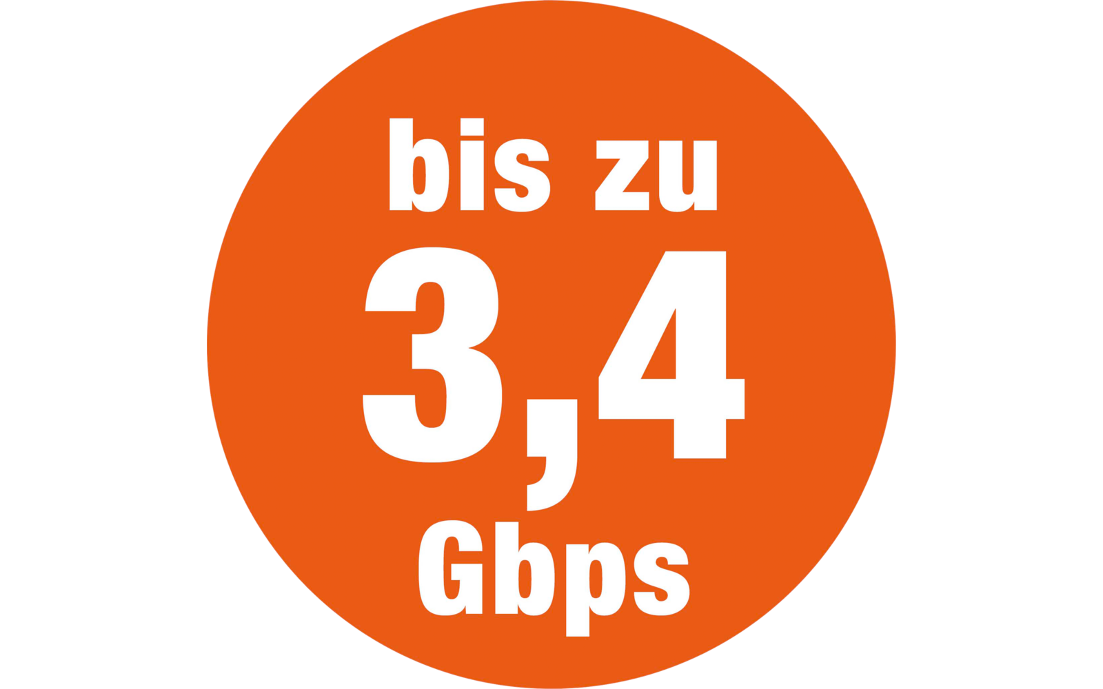 Oranger Kreis mit weißer Schrift 'bis zu 3,4 Gbps'