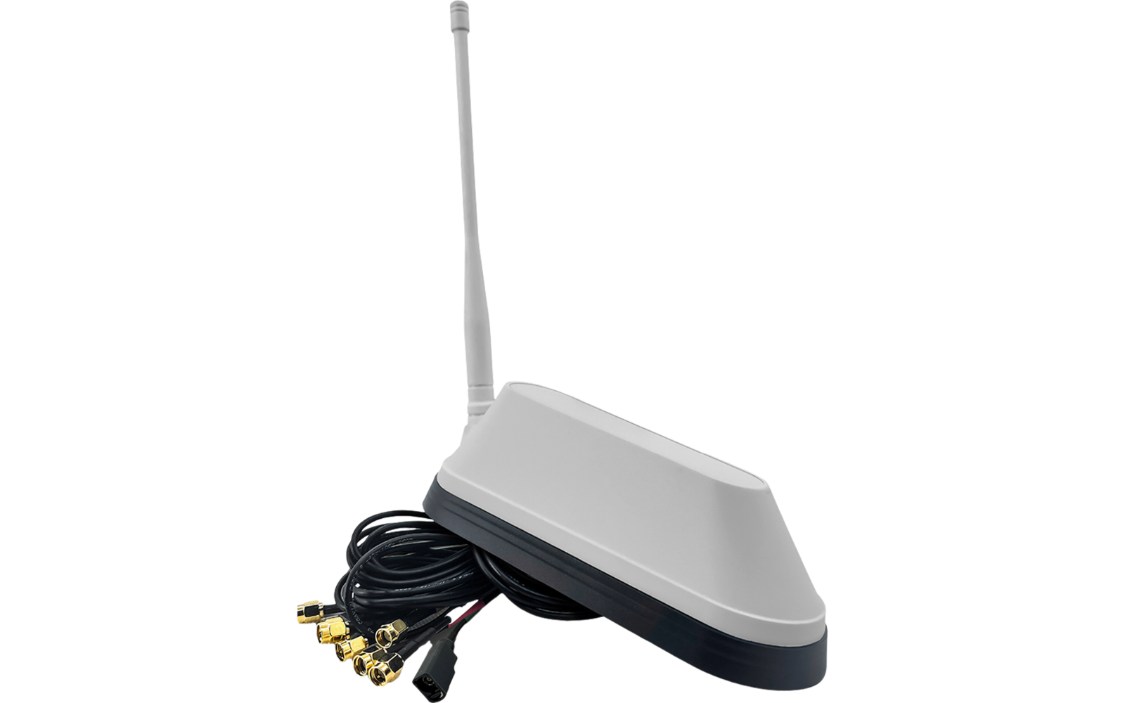 Weiß‑schwarzes Gehäuse mit senkrechter Stabantenne; aufgewickeltes schwarzes Kabel mit mehreren goldfarbenen Steckern daneben
