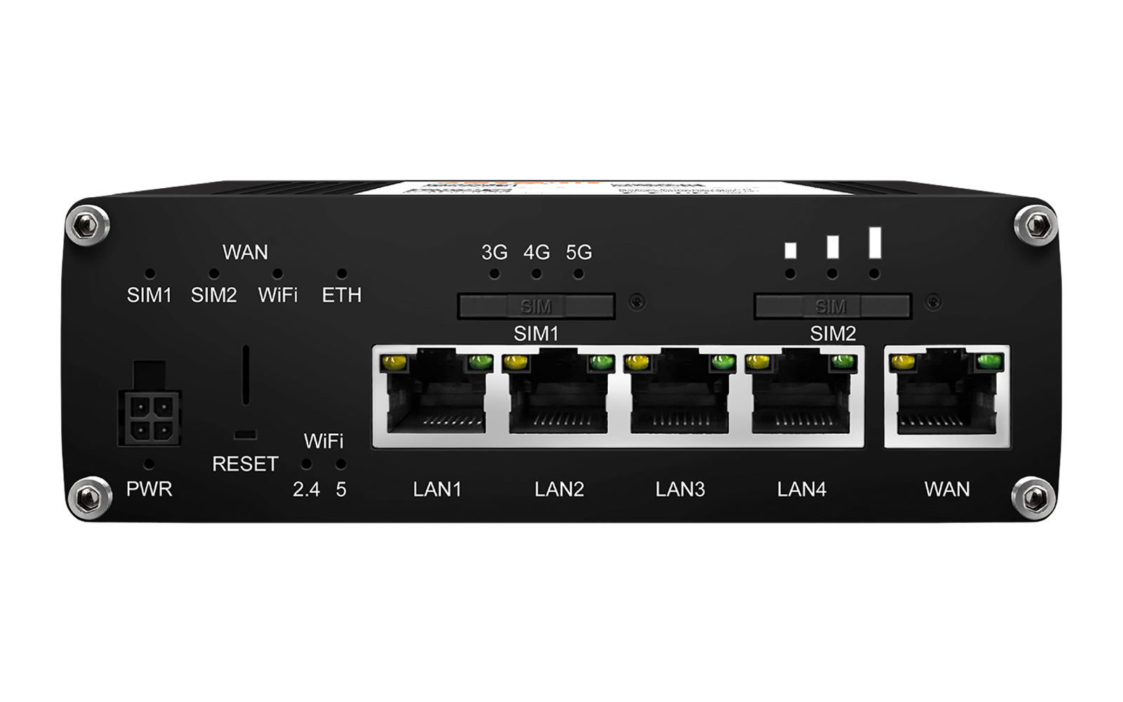Geräterückseite mit zwei SIM-Steckplätzen oben, vier LAN-Ethernet-Ports in der Mitte, einem WAN-Ethernet-Port rechts, LEDs und Beschriftungen: PWR, RESET, WiFi 2.4/5, WAN, SIM1, SIM2, LAN1-LAN4