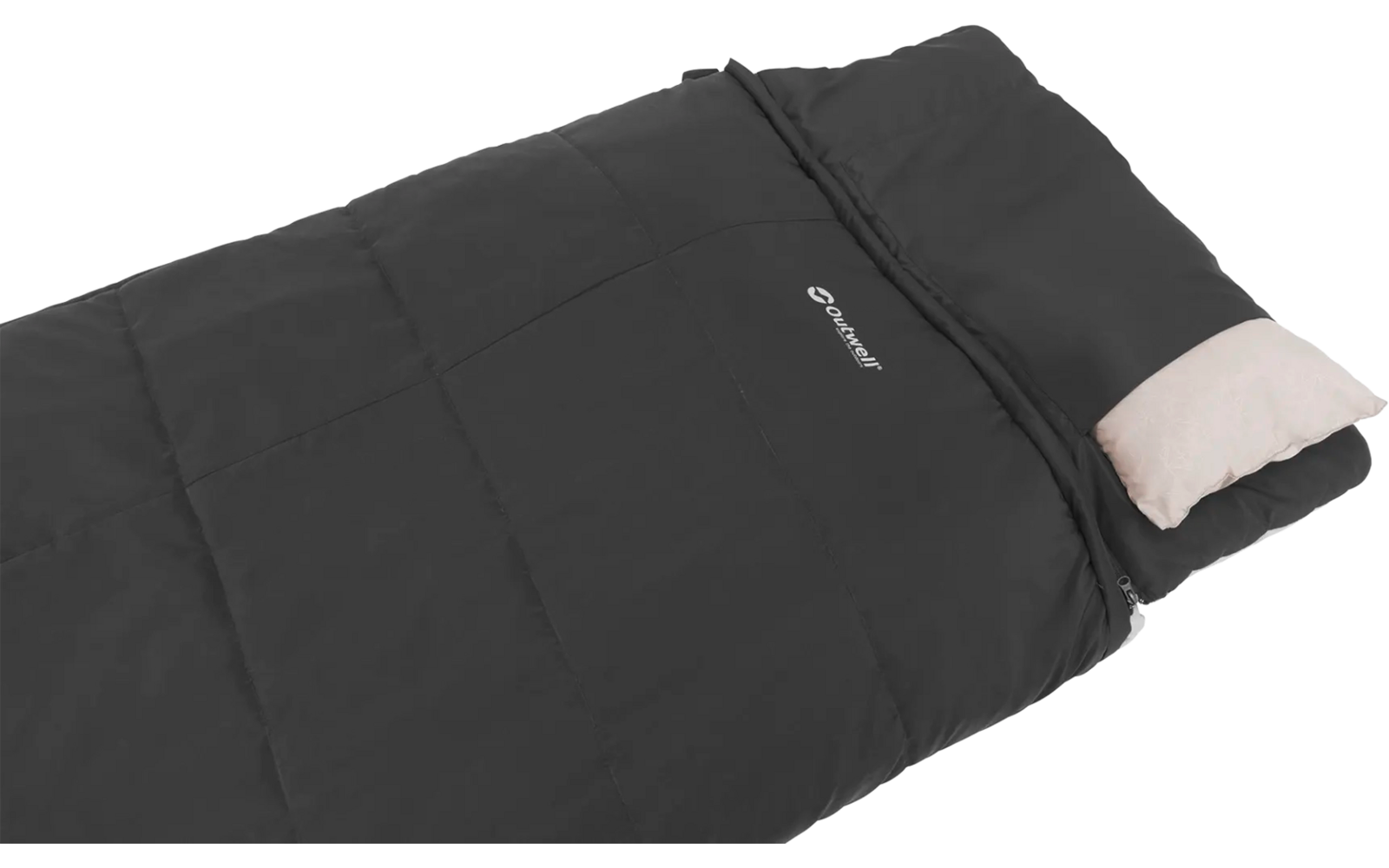 Zwarte slaapzak met wit kussen