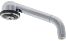 Bec de robinet courbé argenté avec tête ronde et filetage visible, isolé sur fond blanc