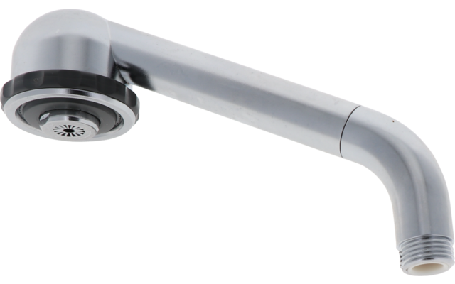 Bec de robinet courbé argenté avec tête ronde et filetage visible, isolé sur fond blanc