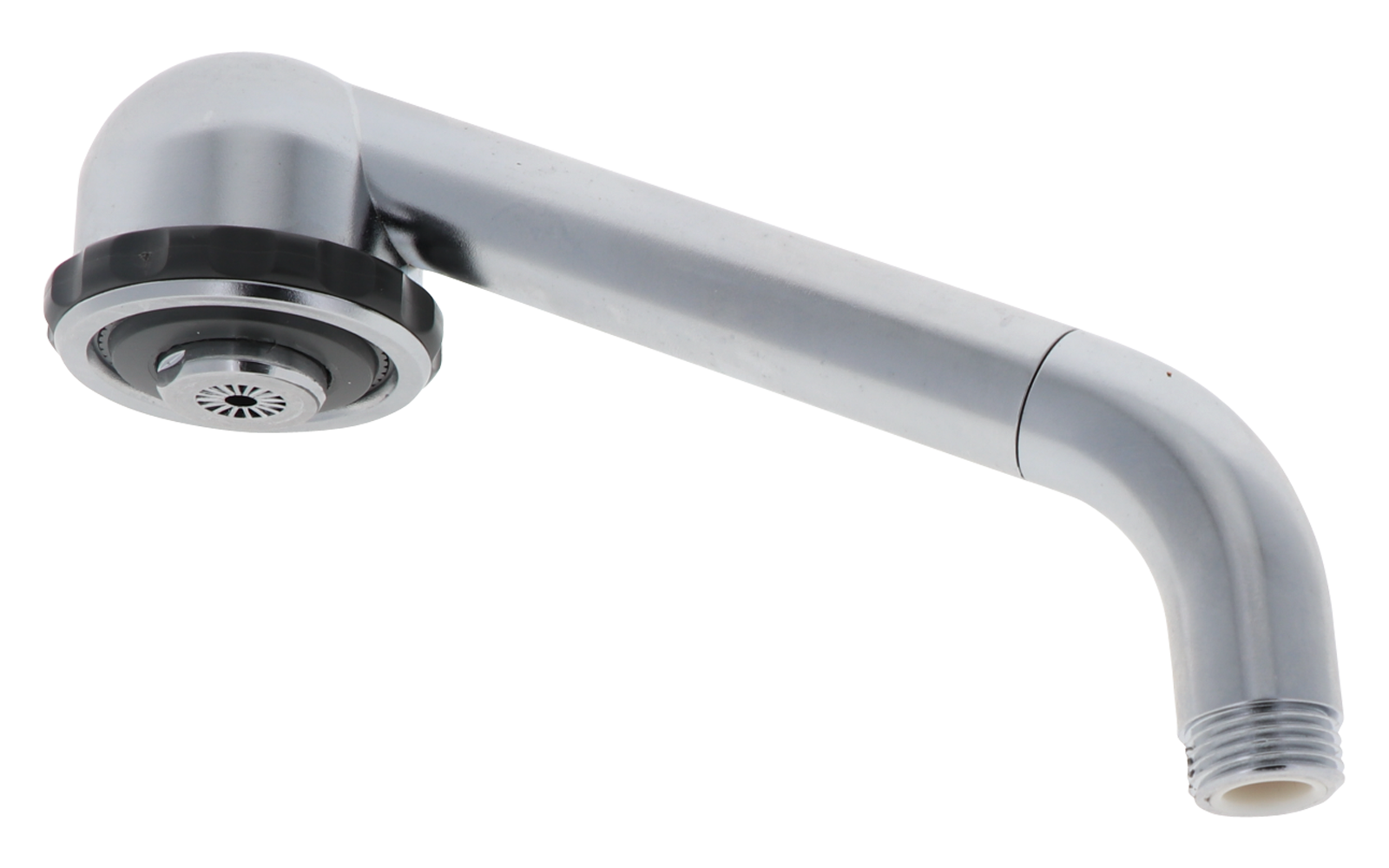 Bec de robinet courbé argenté avec tête ronde et filetage visible, isolé sur fond blanc