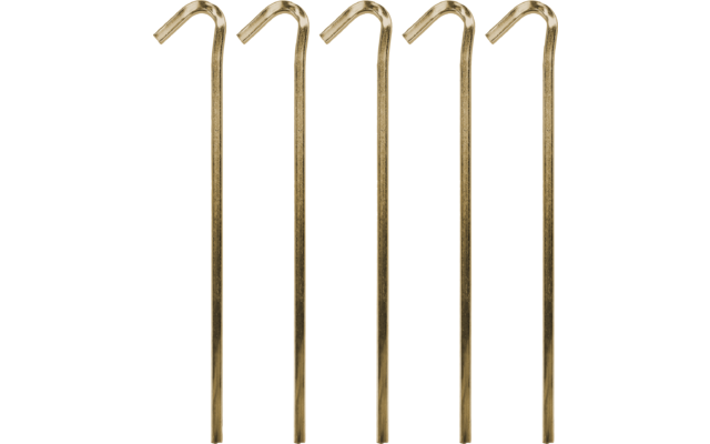 Five thin gold-colored metal rods with bent tops, side by side on a white background