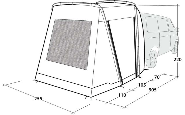 Schwarz-weiße technische Zeichnung eines Transporters mit seitlichem rechteckigem Anbau mit gemustertem Fenster und Maßangaben 255, 305, 110, 105, 70, 220