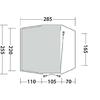 Schematische Draufsicht eines fünfeckigen Umrisses mit grauem Innenfeld, Maßlinien und Zahlen: oben 285, links 255 und 220, rechts 165, unten 110, 105, 70; Pfeile und kleine Verbindungssymbole
