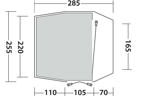 Schematische Draufsicht eines fünfeckigen Umrisses mit grauem Innenfeld, Maßlinien und Zahlen: oben 285, links 255 und 220, rechts 165, unten 110, 105, 70; Pfeile und kleine Verbindungssymbole