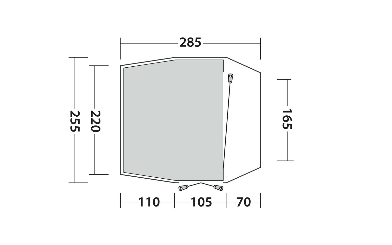 Schematische Draufsicht eines fünfeckigen Umrisses mit grauem Innenfeld, Maßlinien und Zahlen: oben 285, links 255 und 220, rechts 165, unten 110, 105, 70; Pfeile und kleine Verbindungssymbole