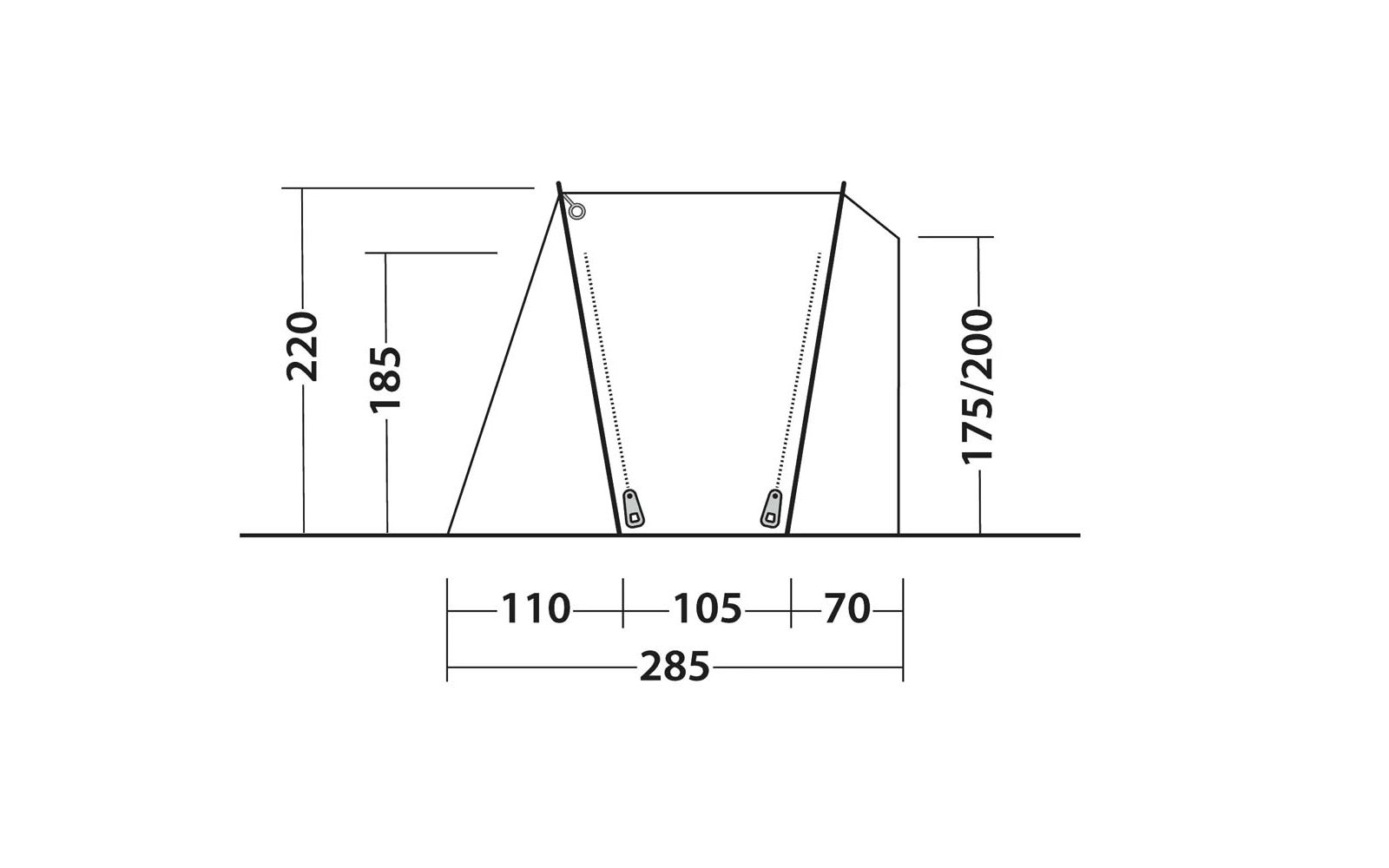 Schwarz-weiße technische Zeichnung eines trapezförmigen Umrisses mit zwei diagonalen Reißverschlüssen und Maßangaben: oben 220, 185, 175/200; unten 110, 105, 70, Gesamt 285; Bodenlinie