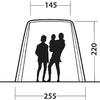 Schwarz-weiße Strichzeichnung: drei schwarze Personen-Silhouetten (zwei stehend, eine hält eine kleinere Figur) in einem rahmenartigen Rechteck; Maßangaben 145 oben, 220 rechts, 255 unten