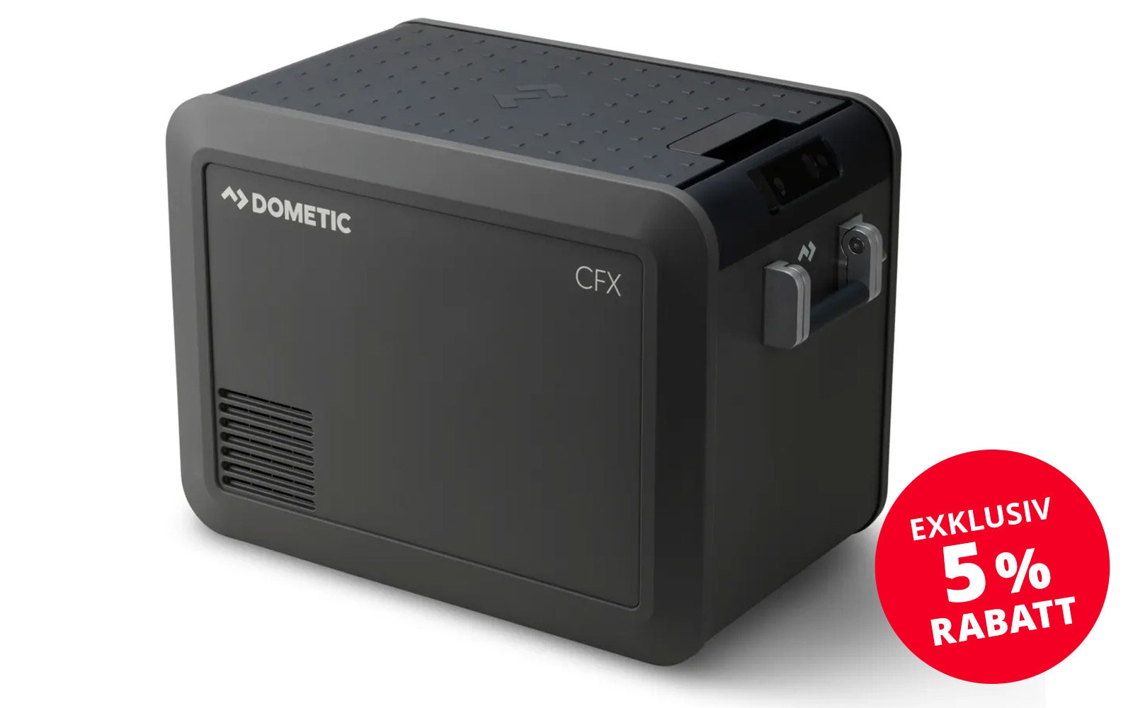 Black Dometic cooler box with handles and digital display