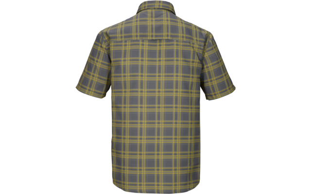 Rückansicht eines kurzärmeligen karierten Hemds in Grau-Grün mit gelben und dunklen Streifen, Kragen sichtbar