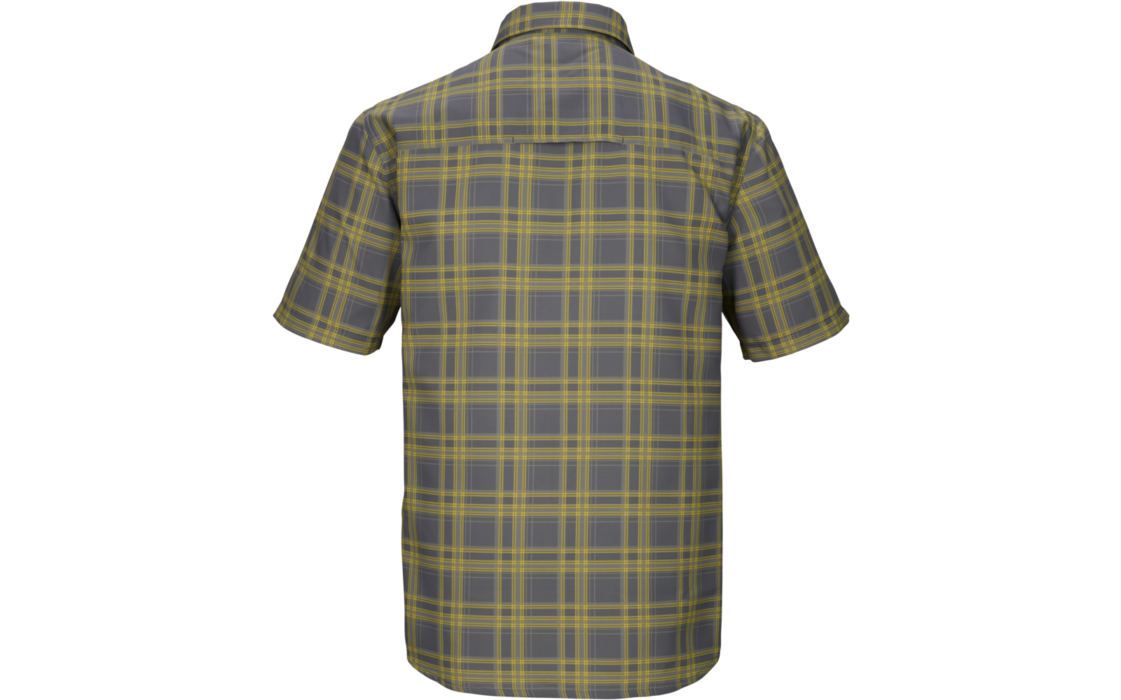 Rückansicht eines kurzärmeligen karierten Hemds in Grau-Grün mit gelben und dunklen Streifen, Kragen sichtbar
