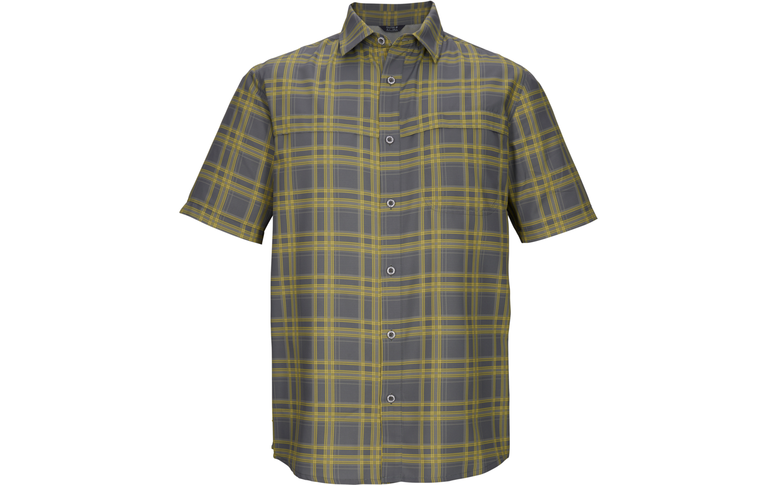 Kurzärmliges, kariertes Hemd mit Knopfleiste, Brusttasche und umgelegtem Kragen in Grau und Gelb