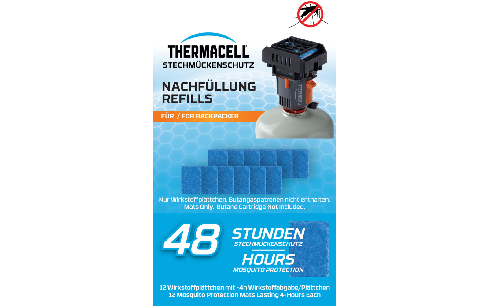 Verpackung mit Thermacell-Logo, Abbildung eines schwarzen Geräts auf einer Kartusche, drei blaue Plättchen, durchgestrichene Mücke in rotem Kreis, Text 'STECHMÜCKENSCHUTZ', 'NACHFÜLLUNG / REFILLS', 'FÜR / FOR BACKPACKER', große Zahl '48 STUNDEN' und 