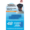 Verpackung mit Thermacell-Logo, Abbildung eines schwarzen Geräts auf einer Kartusche, drei blaue Plättchen, durchgestrichene Mücke in rotem Kreis, Text 'STECHMÜCKENSCHUTZ', 'NACHFÜLLUNG / REFILLS', 'FÜR / FOR BACKPACKER', große Zahl '48 STUNDEN' und 