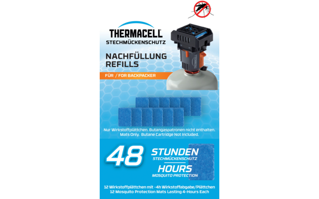 Verpackung mit Thermacell-Logo, Abbildung eines schwarzen Geräts auf einer Kartusche, drei blaue Plättchen, durchgestrichene Mücke in rotem Kreis, Text 'STECHMÜCKENSCHUTZ', 'NACHFÜLLUNG / REFILLS', 'FÜR / FOR BACKPACKER', große Zahl '48 STUNDEN' und 