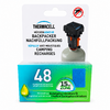 Package 'Thermacell Backpacker refill' showing a cartridge with adapter, large '48' and text '48 hours mosquito protection', '15 m² ZONE', 'ingredient derived from Eucalyptus citriodora oil', crossed-out mosquito icon