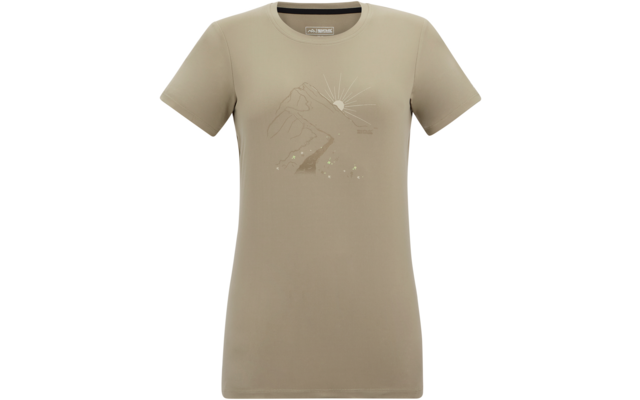 Beiges, kurzärmliges Damen-T-Shirt mit Rundhalsausschnitt und zentrierter Linienzeichnung von Bergen, einer Sonne mit Strahlen teilweise hinter einem Berg, einem gewundenen Pfad und kleinen Punkten