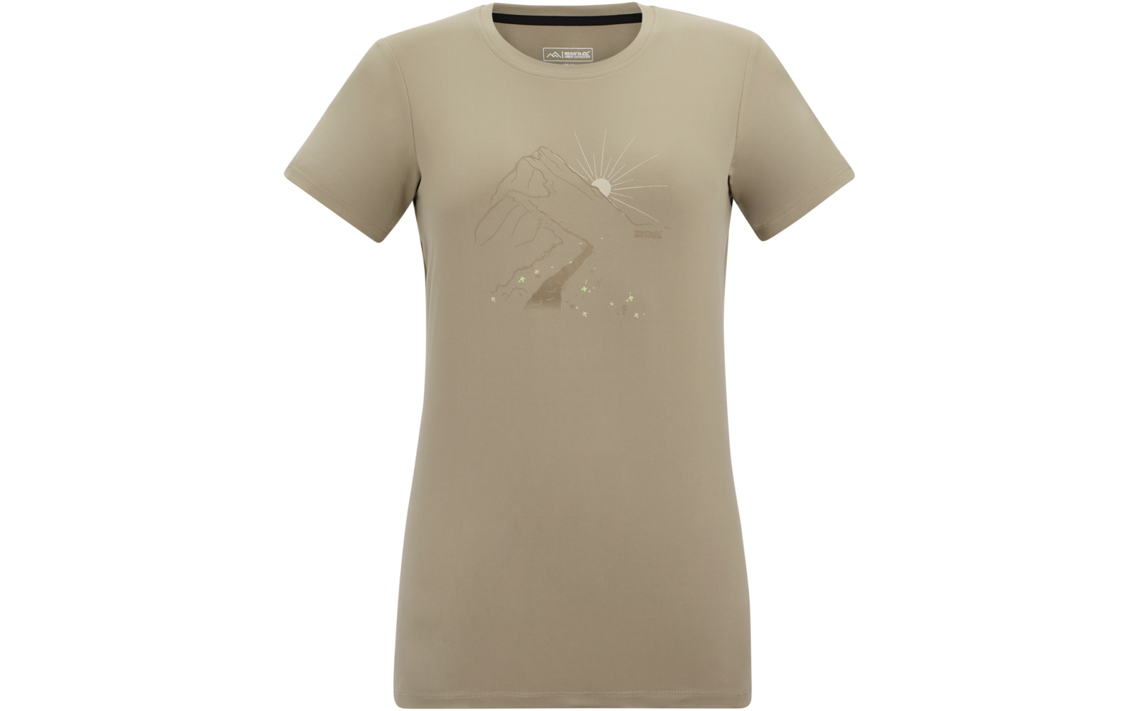 Beiges, kurzärmliges Damen-T-Shirt mit Rundhalsausschnitt und zentrierter Linienzeichnung von Bergen, einer Sonne mit Strahlen teilweise hinter einem Berg, einem gewundenen Pfad und kleinen Punkten