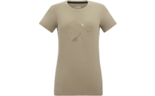T-shirt femme beige à manches courtes et encolure ronde, dessin linéaire centré de montagnes, un soleil avec des rayons partiellement derrière une montagne, un sentier sinueux et de petits points
