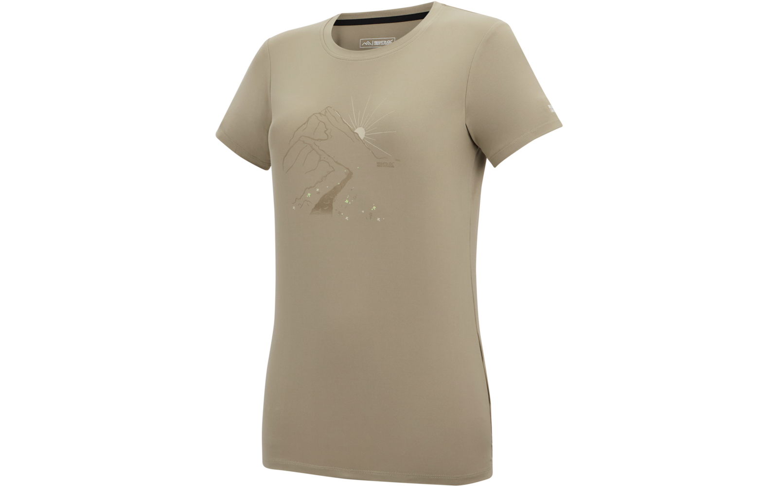 Beiges kurzärmeliges Damen-T-Shirt mit rundem Halsausschnitt und aufgedruckter Grafik: Berge, Sonne mit Strahlen, geschwungener Weg und kleine Punkte auf der Vorderseite