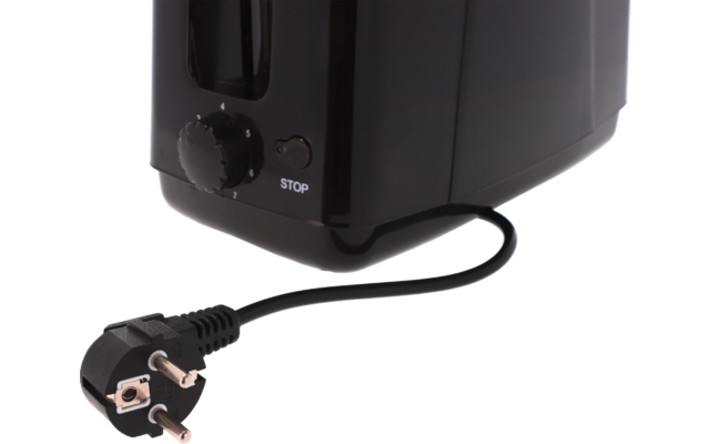 Unterer Teil eines schwarzen Toasters mit Drehregler und 'STOP'-Taste, daran ein schwarzes Kabel mit dreipoligem Stecker auf weißem Hintergrund
