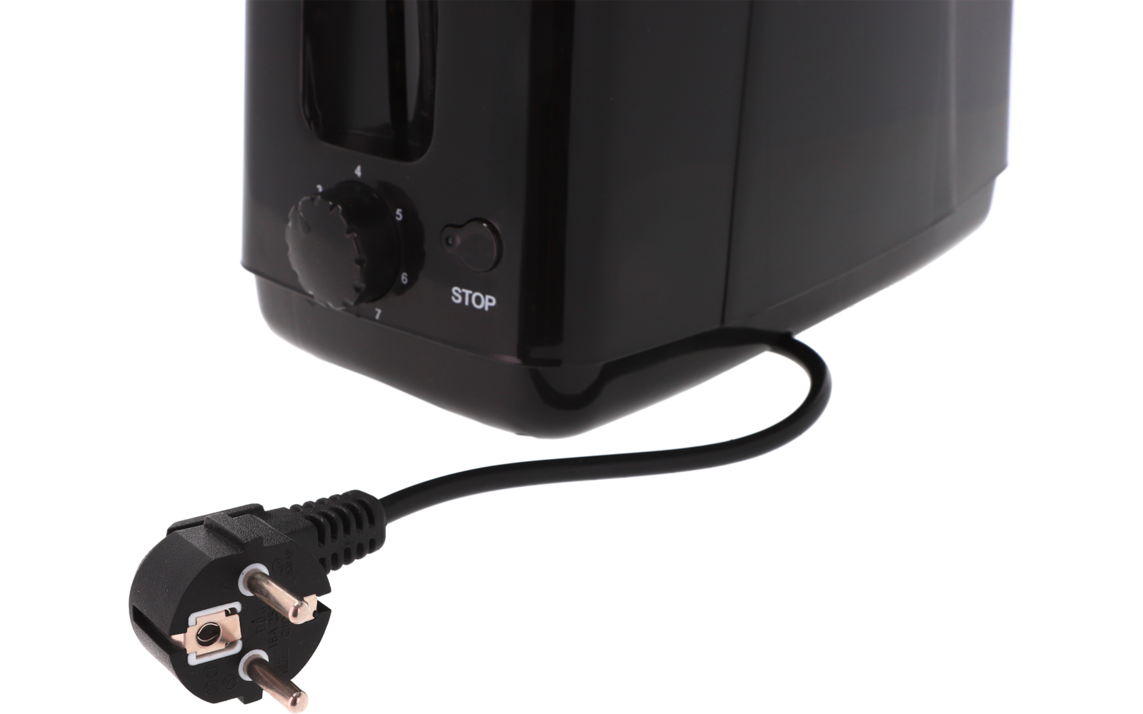 Unterer Teil eines schwarzen Toasters mit Drehregler und 'STOP'-Taste, daran ein schwarzes Kabel mit dreipoligem Stecker auf weißem Hintergrund