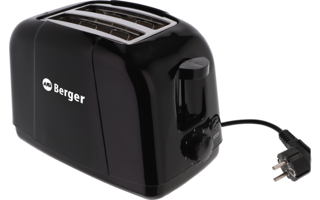 Schwarzer Toaster für zwei Scheiben mit zwei Schlitzen, Drehregler vorn, sichtbares Markenlogo "Berger" an der Seite und angeschlossenes Stromkabel mit Stecker