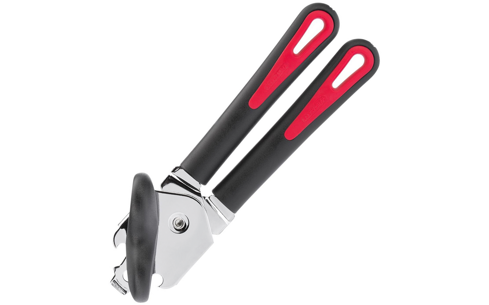 Ouvre-boîte avec deux poignées noires et inserts rouges, tête de coupe chromée et molette ronde noire