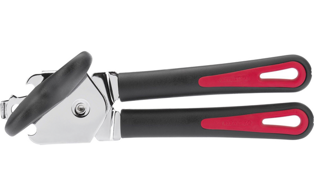 Ouvre-boîte avec deux poignées noires avec inserts rouges, roue de coupe métallique et molette noire