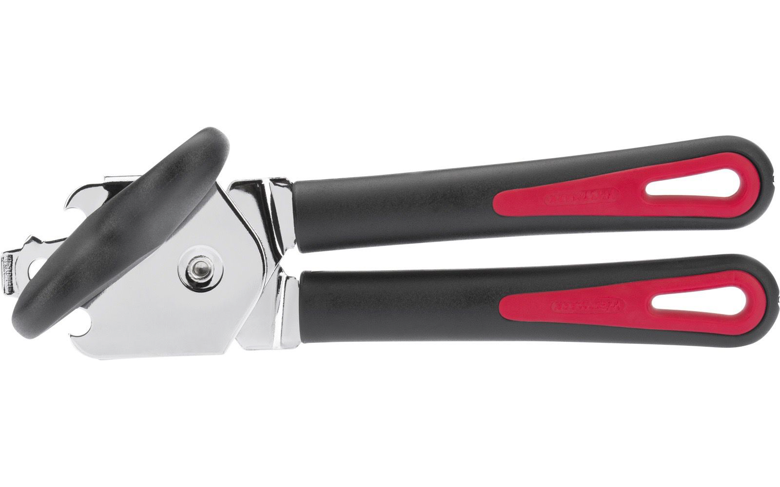 Ouvre-boîte avec deux poignées noires avec inserts rouges, roue de coupe métallique et molette noire