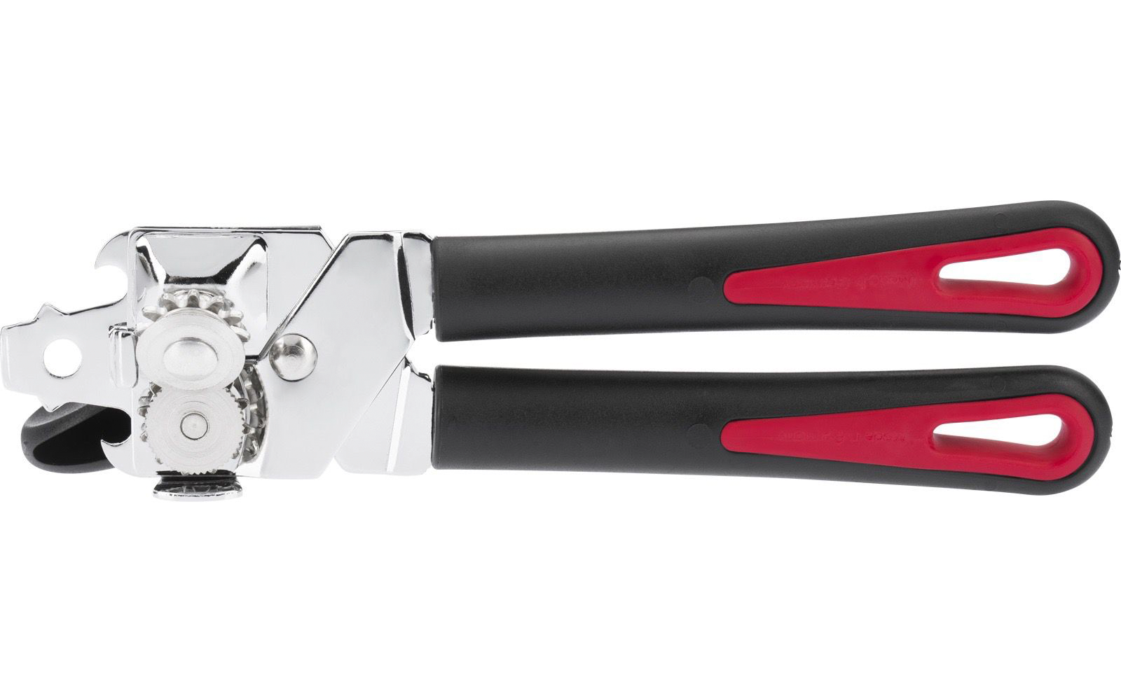 Outil métallique argenté avec deux poignées noires à incrustations rouges et une roue de coupe ronde, sur fond blanc