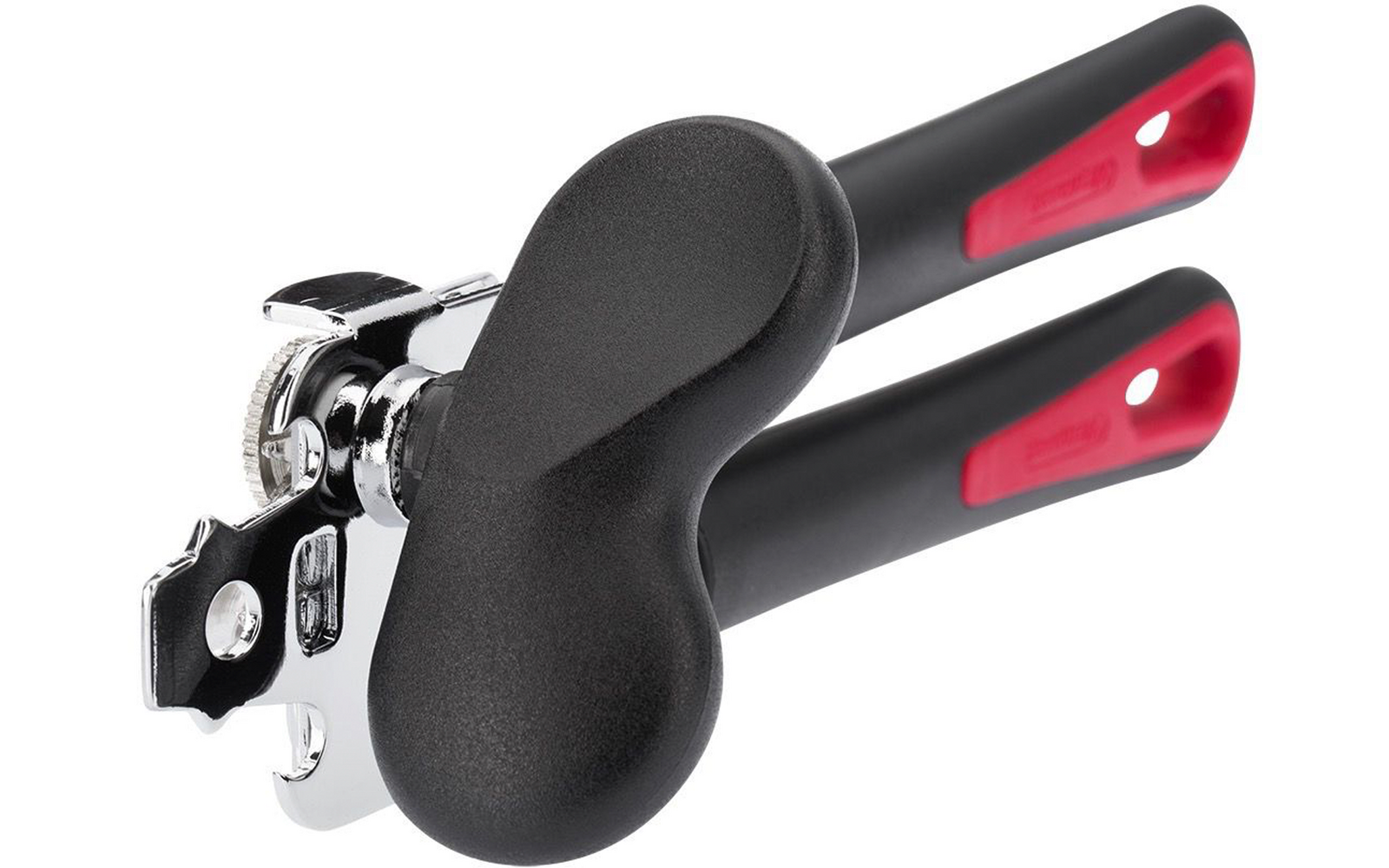 Ouvre-boîte manuel en métal chromé, deux poignées en plastique noir avec inserts rouges et grande molette noire