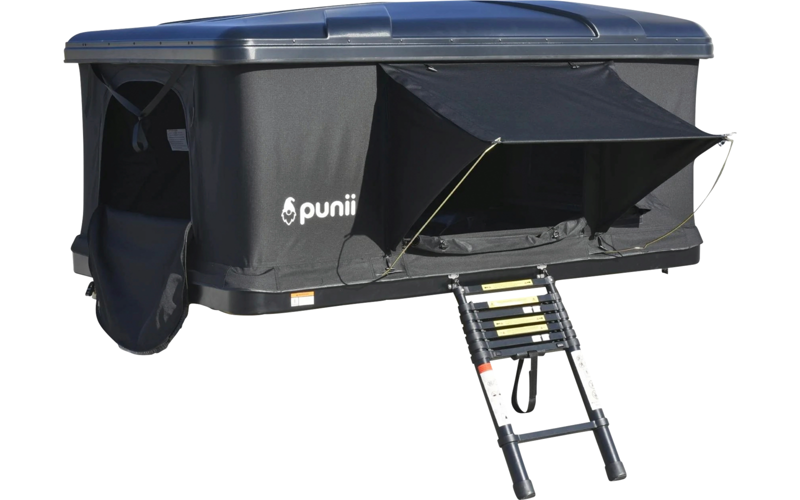 Tenda da tetto a guscio rigido con sommità scura, pareti in tessuto nero, sportello/tendalino laterale aperto sostenuto da cinghie, scala telescopica estratta e logo bianco punii sul lato