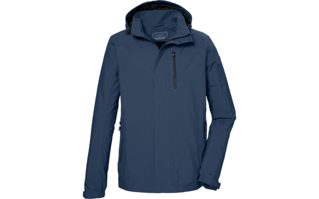 Giacca con cappuccio blu scuro a maniche lunghe, cerniera frontale e tasca verticale con zip sul petto