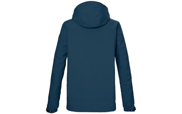 Vista posteriore di una giacca blu scuro con cappuccio, maniche lunghe e orlo dritto