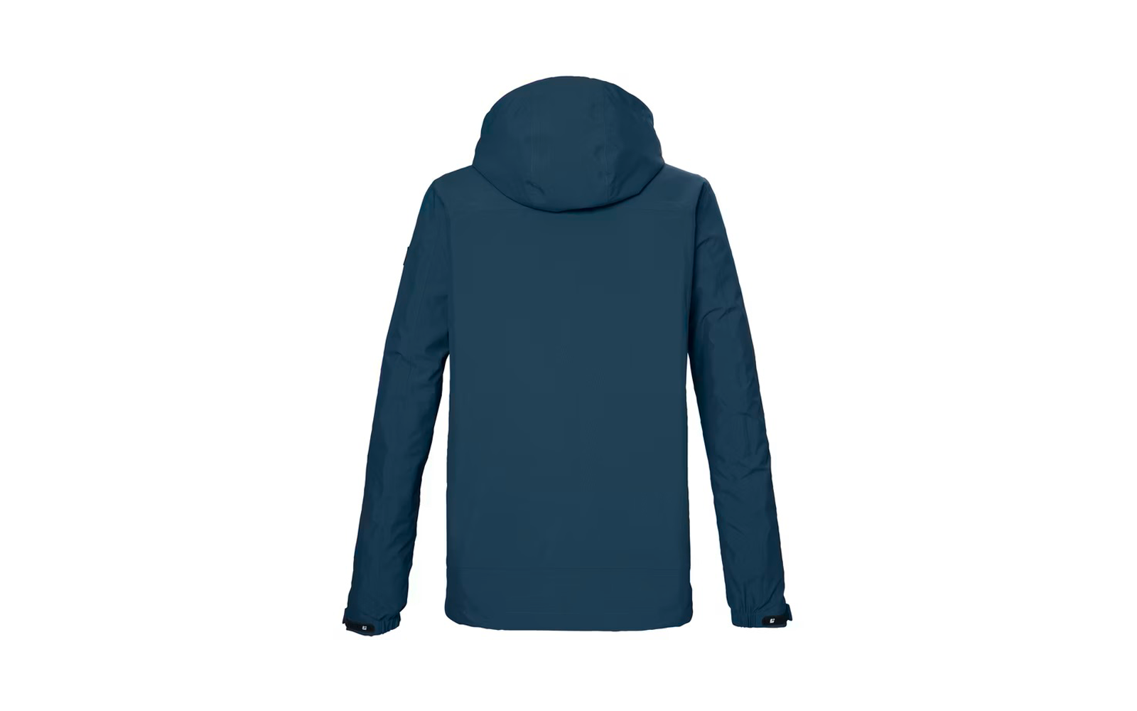 Vista posteriore di una giacca blu scuro con cappuccio, maniche lunghe e orlo dritto
