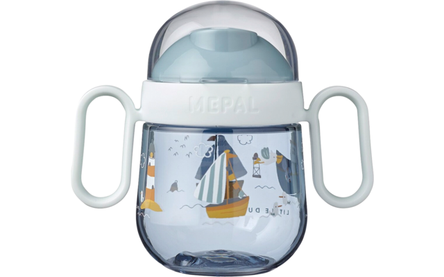 Blau-weiße Trinkflasche mit zwei seitlichen Griffen und Segelboot-Motiv