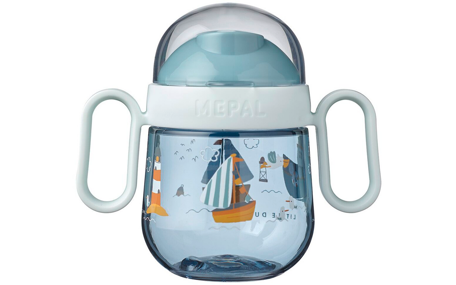 Vaso para beber azul y blanco con dos asas laterales y diseño de velero