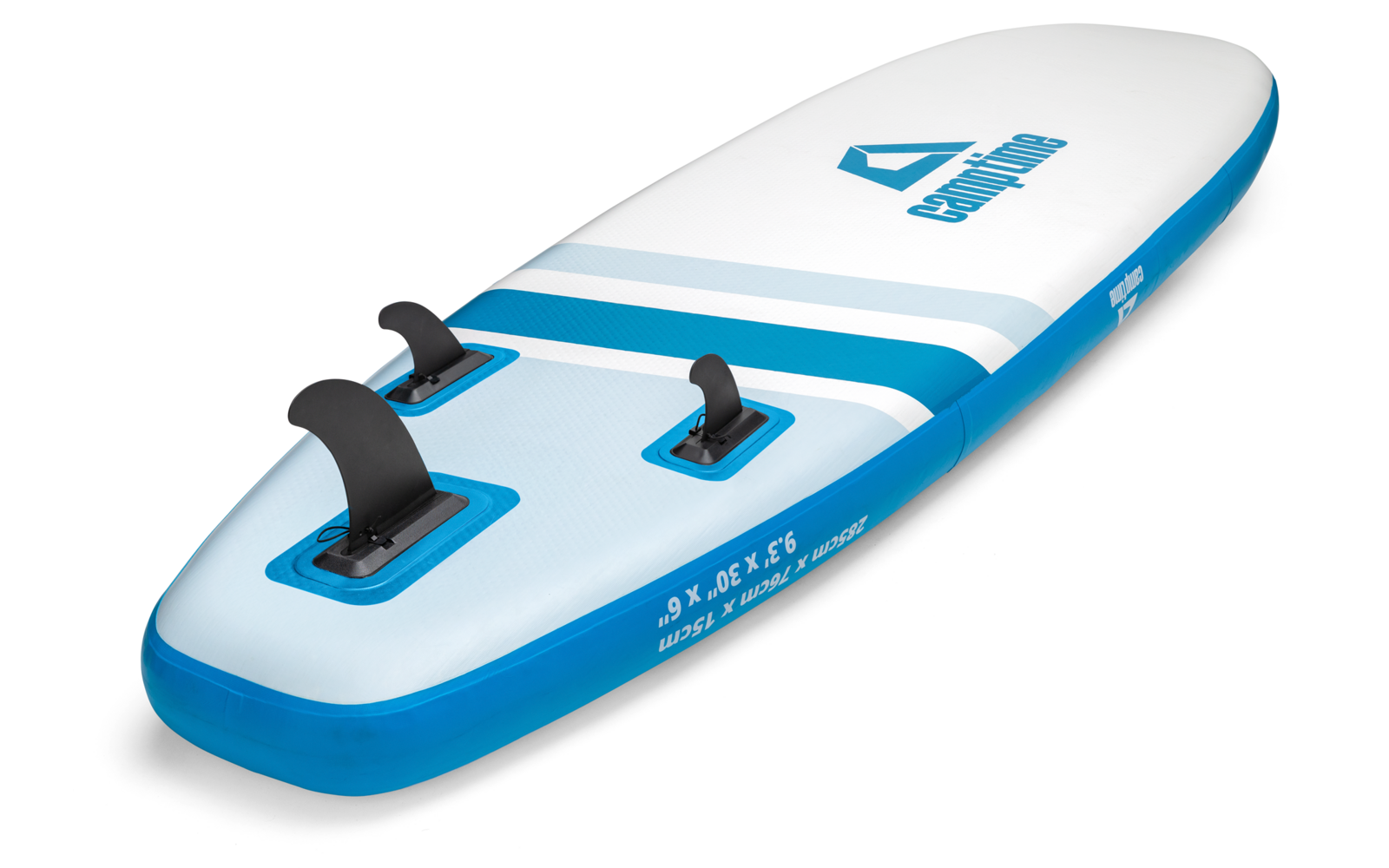 Weißes und blaues Windsurfbrett mit Schlaufe und Haltegriff