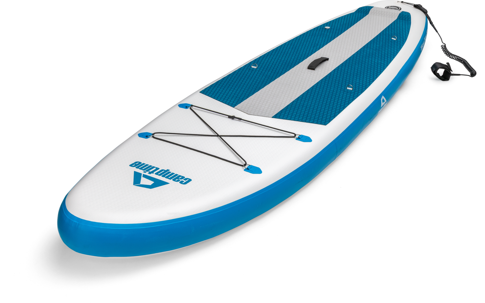 Blau-weißer Stand-up-Paddle-Board mit Leine und Gepäcknetz