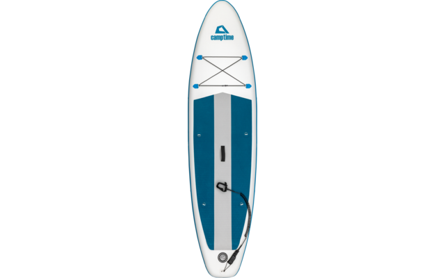 Weiß-blaues Paddleboard (von oben) mit Tragegriff, Gepäckspinne, Ventil, Pumpenschlauch und Logo 'camptime'