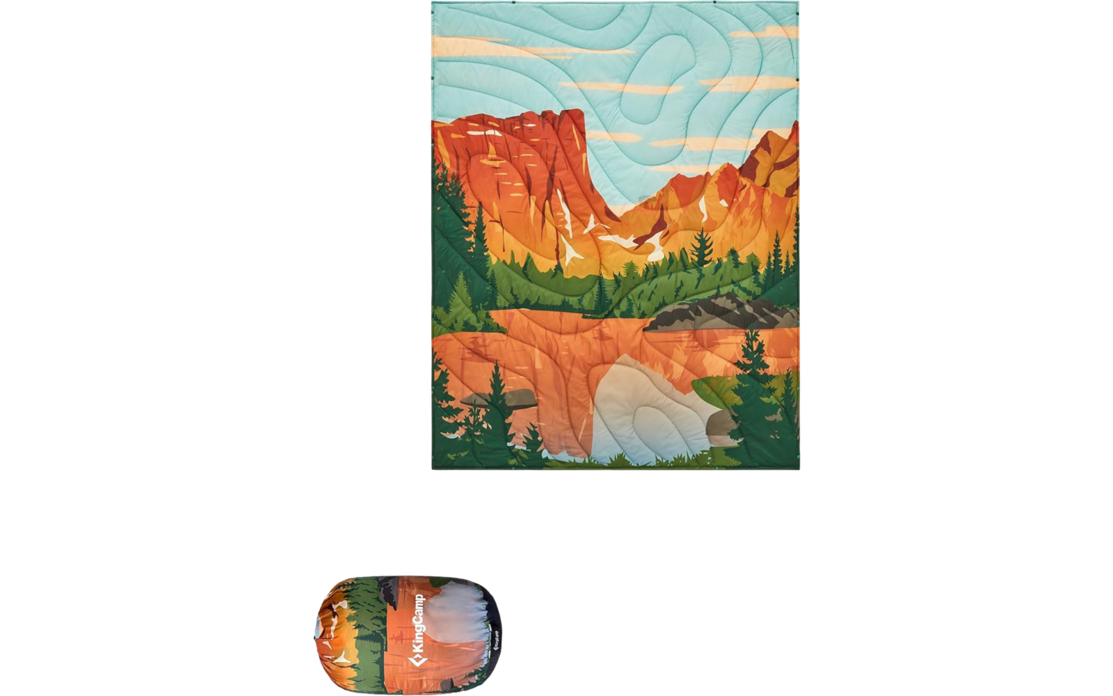 Landschaft mit orangefarbenen Felsen, grünen Bäumen und einem spiegelnden See im Vordergrund
