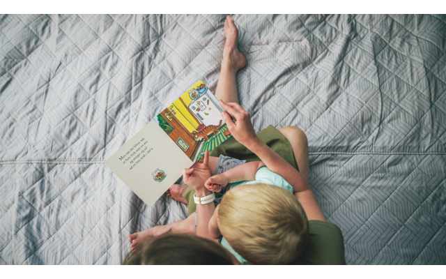 Kind und Erwachsener lesen zusammen ein Bilderbuch auf einer grauen Decke